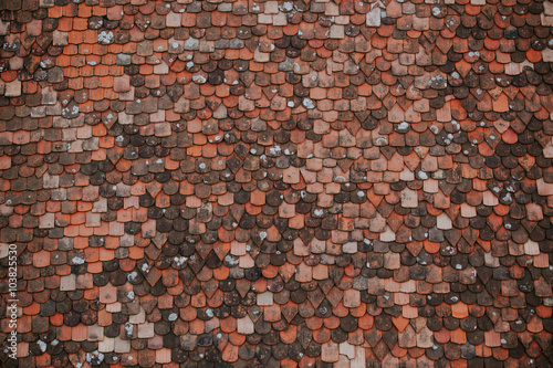 Colorful pattern of tiles on the roof. Medieval castle roof tiles texture.