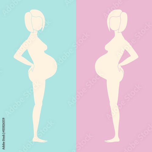 Two beige silhoettes of pregnant women, one on pink background,