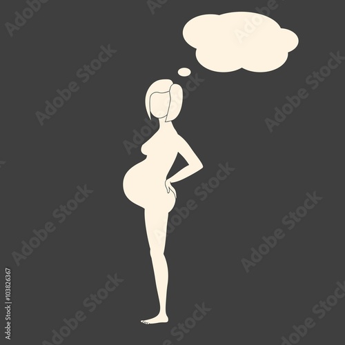 Beige silhouette of pregnant woman with thinking bubble above he