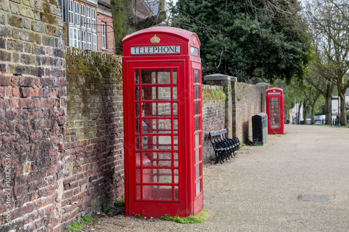 Classic red British telephone box in UK