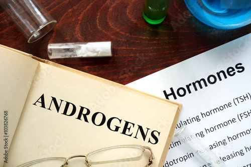Photos Hormone androgens written on book. Test tubes and hormones list.