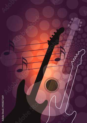 Guitar music background.
Dark background with acoustic and ellectrical guitars.Vector available.
 photo