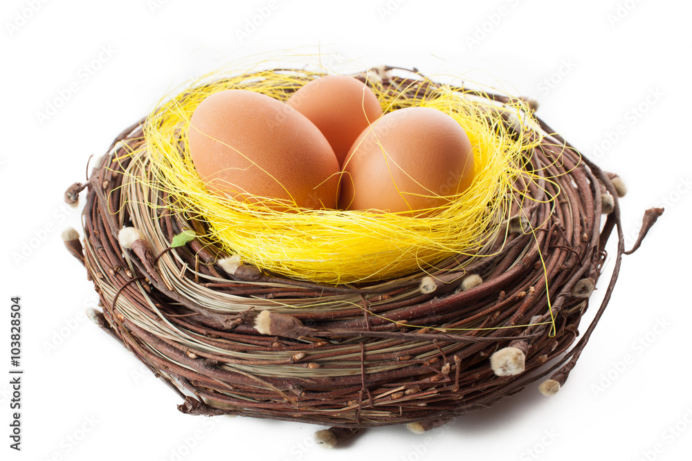 easter basket with easter isolated on white background