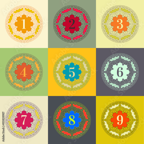 Numbers set. Colorful Frames in Linear Style. Trendy Elegant Retro Style Design. Mandalas Сollection. Round Ornament Pattern. Vintage Decorative Elements. Vector Illustration.