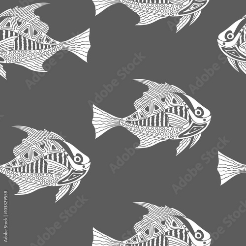 Vector hand drawn fish seamless pattern.