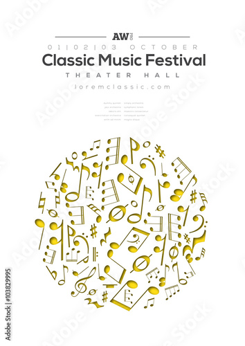 Music poster template. Vector flyer background with music notes illustration. A4 size.