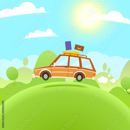 Summer Travel Illustration. Vector flat cartoon car