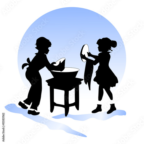 Children's friendship. Boy and girl wash dishes
