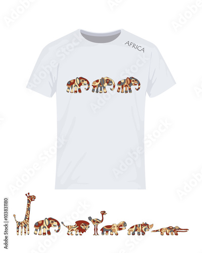 Africa, set, elephants. All three animals have different coloring. Vector design for printing on T-shirt. Elements distributed by layers. Eps10 file comfortable  for redaction.