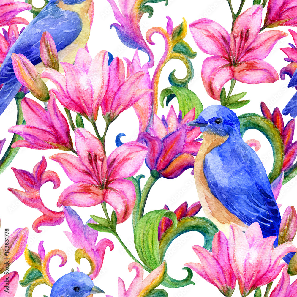 lily seamless pattern with watercolor painted ornament