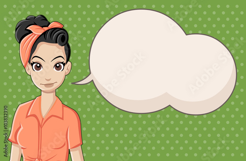 Retro woman wearing vintage clothes talking.