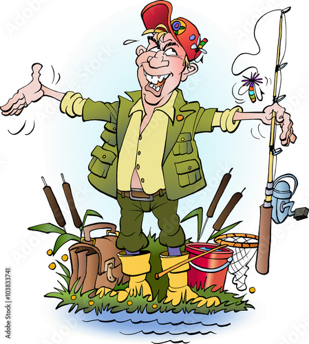 Vector cartoon illustration an angler who lie