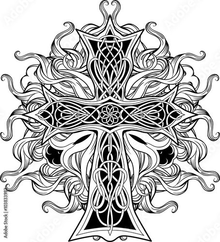 cross in celtic style with ribbons of fire