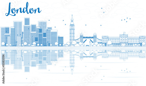 Outline London skyline with blue skyscrapers and reflections.