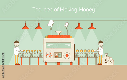 Vector flat thin line illustration of conveyor with machine mechanism converting ideas into money. Highlighted with lamps and making vapor. Concept of cash, currency, adult income, financial earning