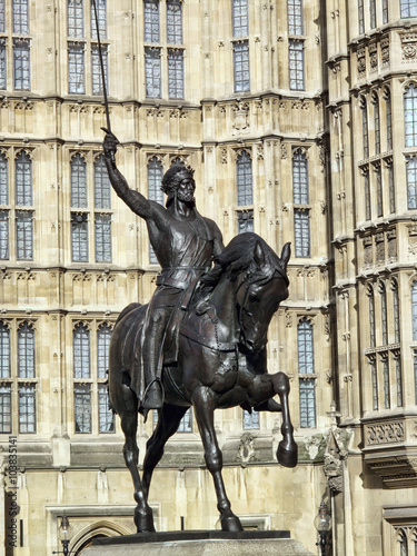 Richard I, (Richard the Lionheart) statue at the Houses Of Parliament in Westminster, London, England, UK, which was created by Baron Carlo Marochetti and completed in 1867