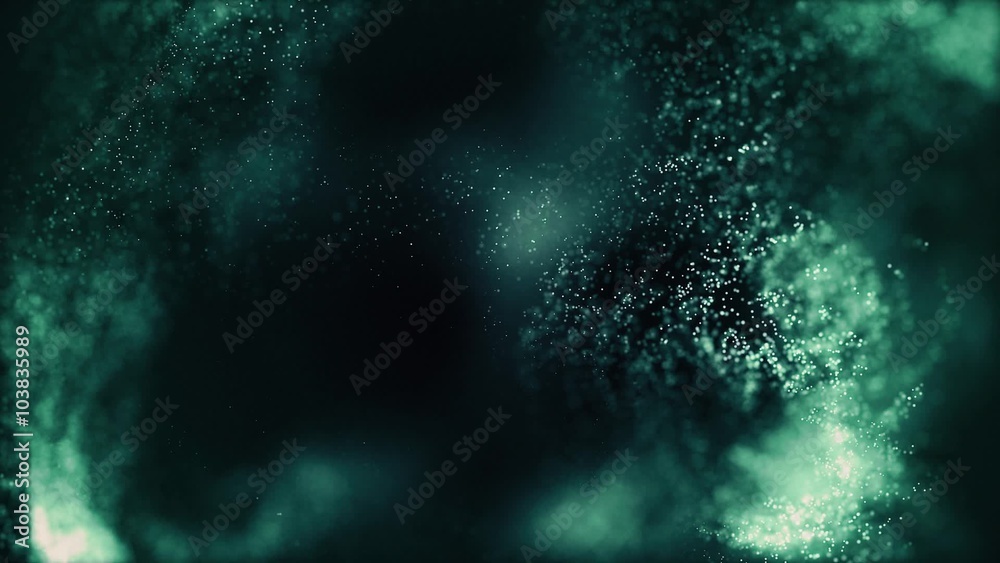 Deep green and blue abstract particles, defocused bokeh seamless loop