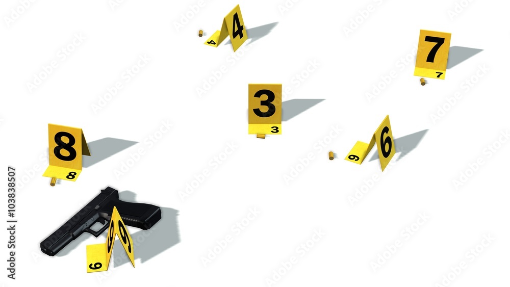 crime scene with gun and bullets - isolated on white crime scene with gun and bullets - isolated on white