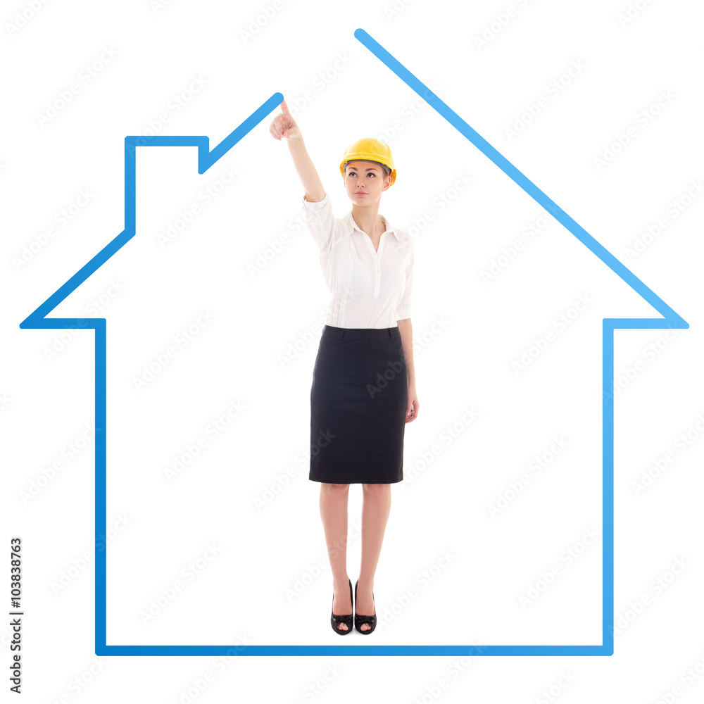 young business woman architect drawing house isolated on white young business woman architect drawing house isolated on white