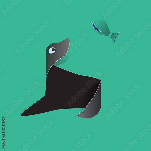 Sea lion of the  paper on green background .  The idea for the sticker