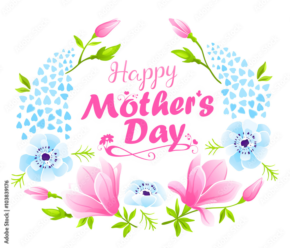 VECTOR eps 10. Beautiful Wreath with Magnolia and anemones for Mother's day VECTOR eps 10. Beautiful Wreath with Magnolia and anemones for Mother's day