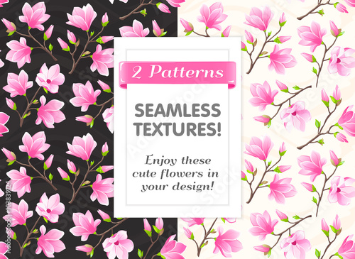 VECTOR eps 10. 2 Beautiful flower seamless Pattern! Pink magnolia with cute pink colores.  Mother's day, International women's day.
