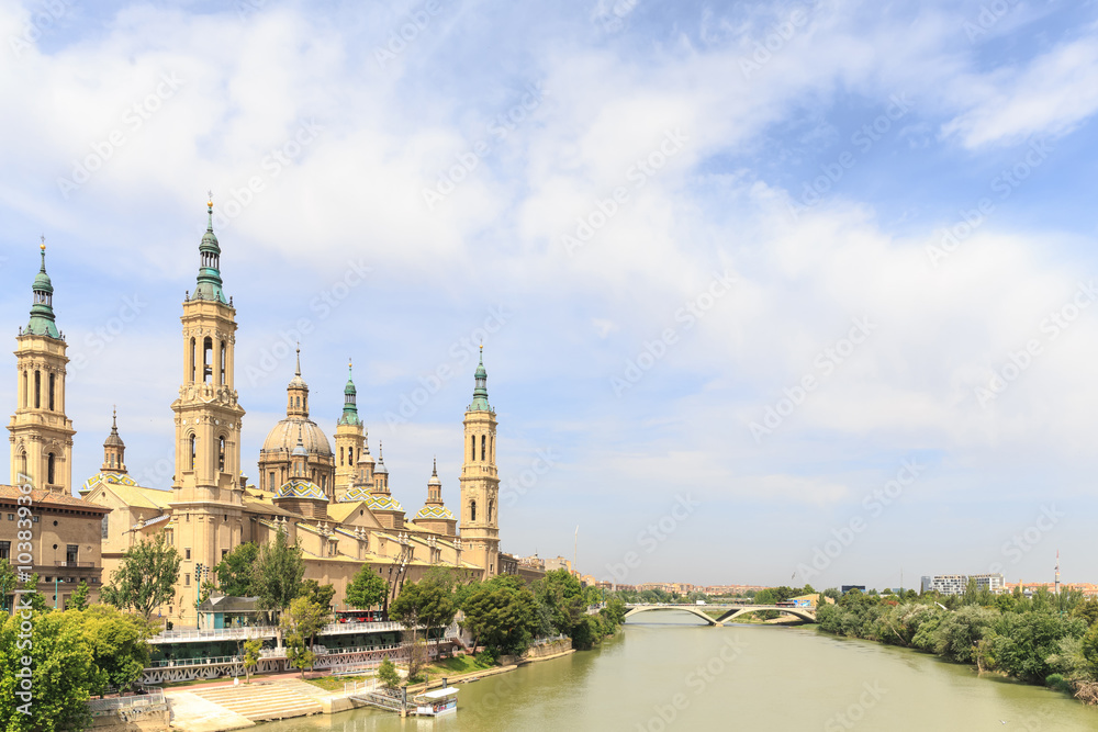 View of Pilar's cathedral and Ebro river in Zaragoza