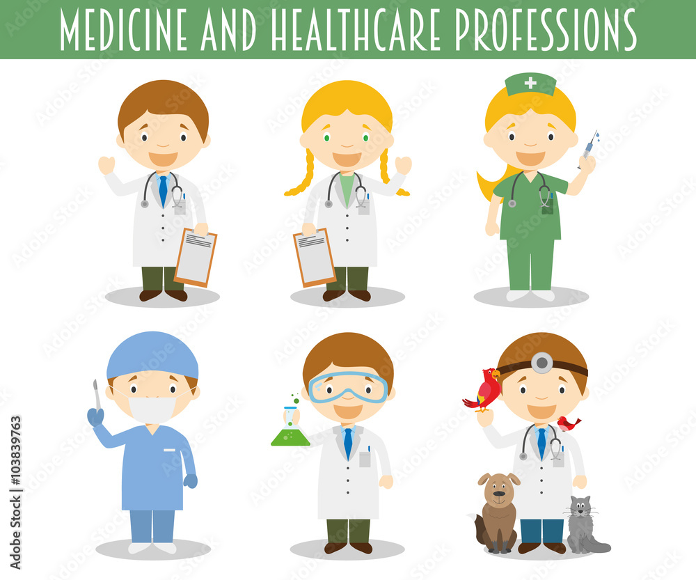 Vector Set of Medicine and Healthcare Professions in cartoon style