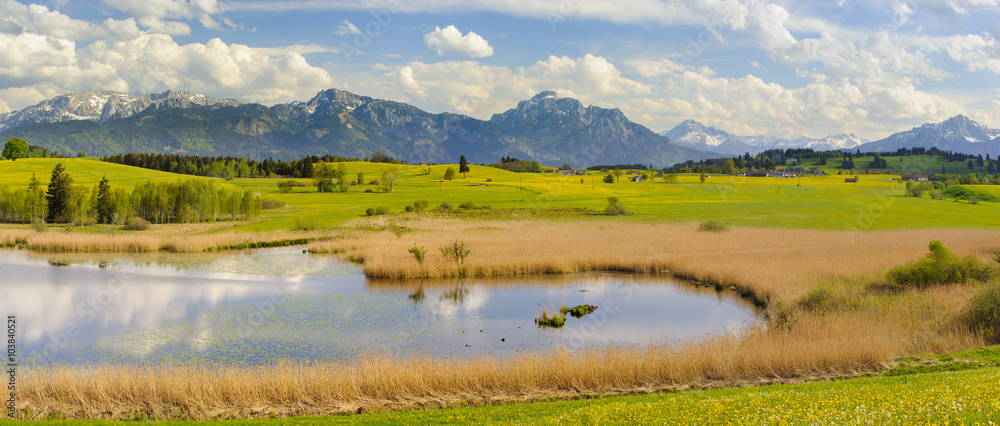 Panorama Landschaft in Bayern mit Forggensee im Allgäu