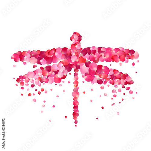 dragonfly of pink rose petals isolated on white