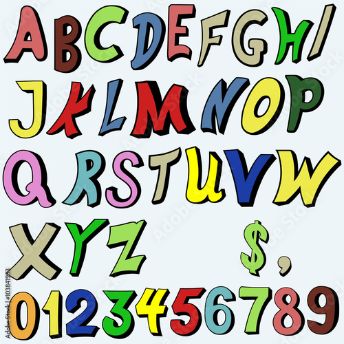 Multicolored alphabet in cartoon style. Isolated on blue background. Vector silhouettes