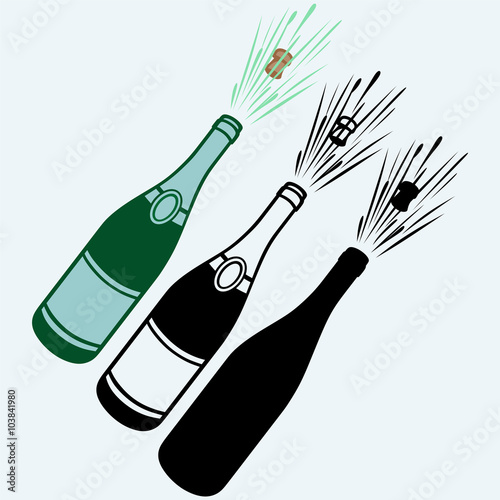 Close-up of champagne explosion. Isolated on blue background. Vector silhouettes