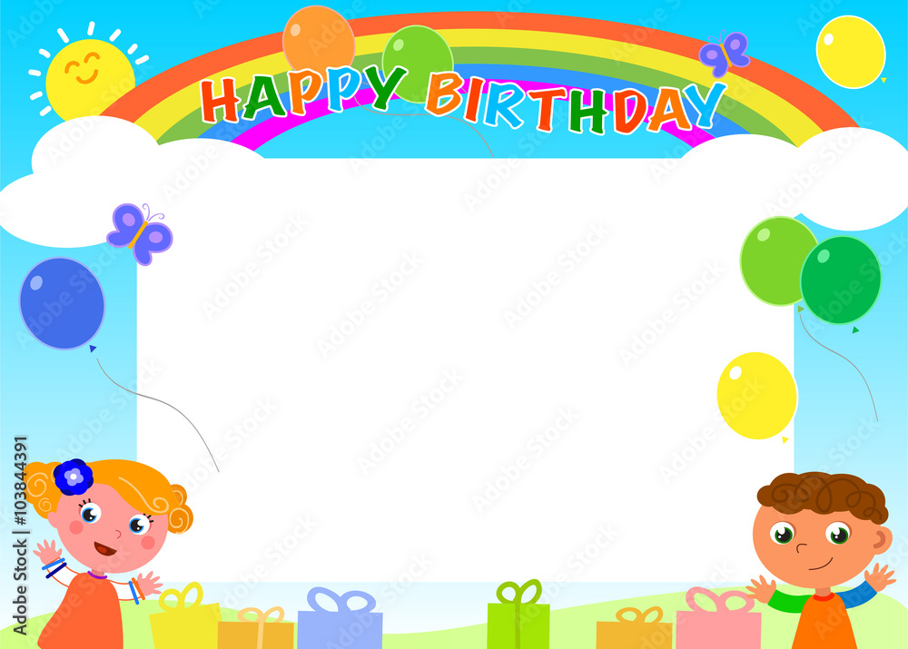 Happy Birthday frame with rainbow kids and gifts