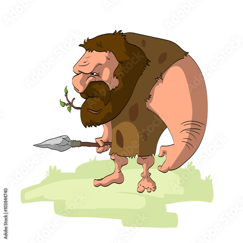 Vector illustration of a short cartoon caveman with a spear