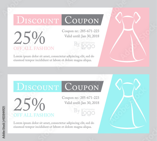 Fashion discount coupon with line illustration of dress on rose quartz and baby blue background