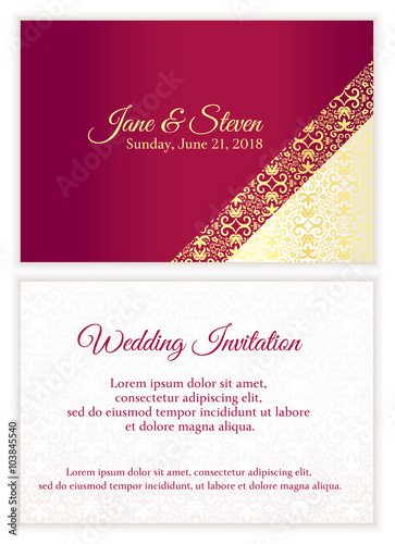 Red wedding invitation with luxury golden lace in corner and damask pattern inside of the card