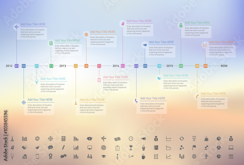 Modern rainbow timeline with transparent milestones in pastel colors on blurred background. Set of icons included.