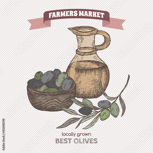 Color farmers market vintage olives and olive oil template. 