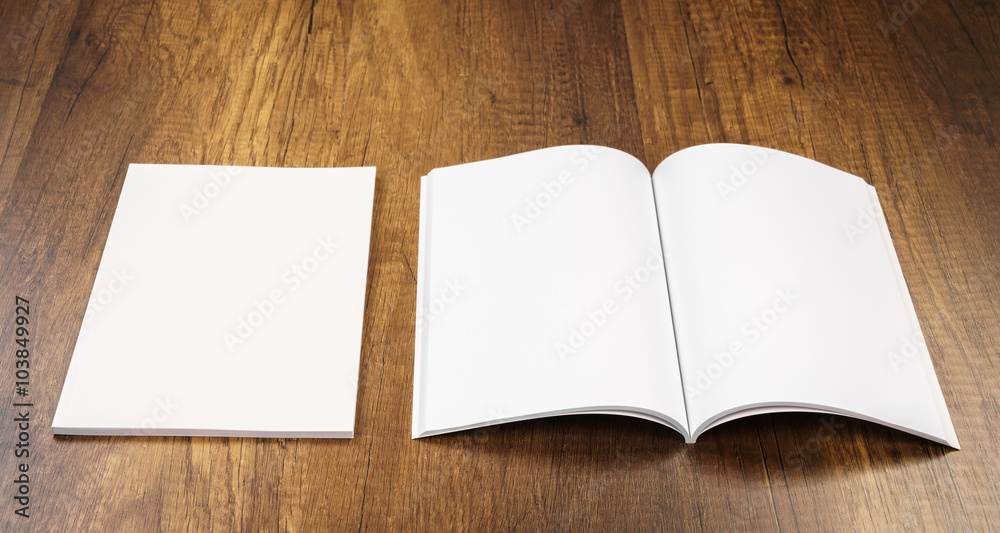 Blank catalog, magazines,book mock up on wood background Blank catalog, magazines,book mock up on wood background