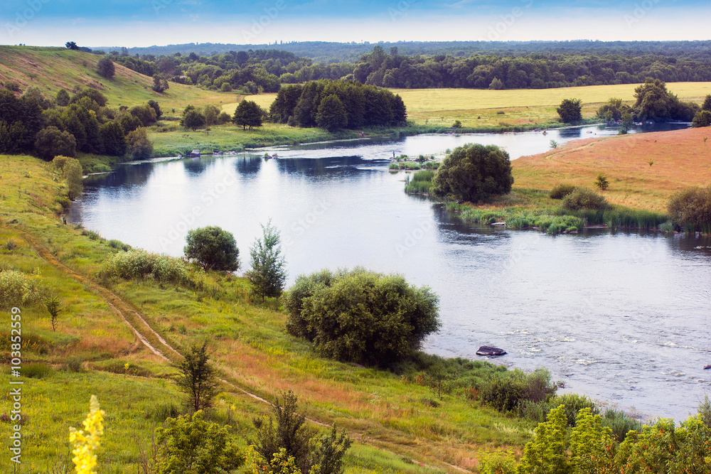 landscape of the valley, river, trees, and sky