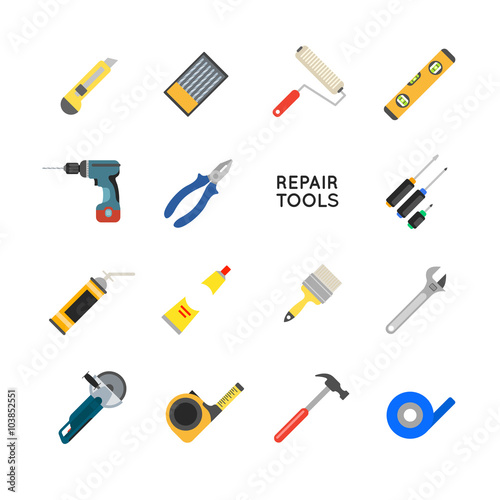 Construction equipment vector set. Working tools for repair and
