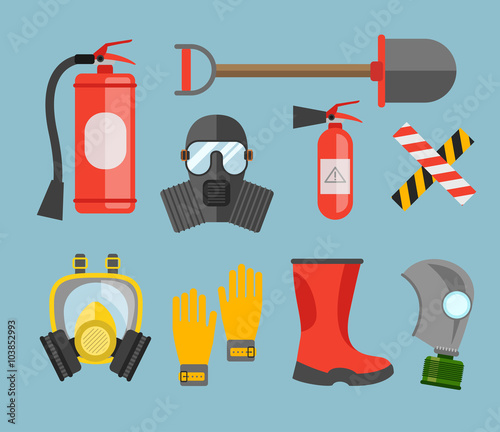 Safety equipment vector set. Fire protection and fire. A gas mas