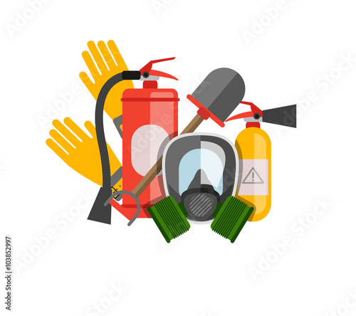 Safety equipment vector set. Fire protection and fire. A gas mas