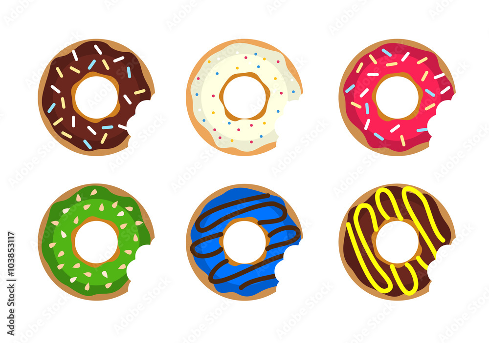 Fototapeta premium Donut vector set. Colored donuts with cream and glaze. Sweet foo