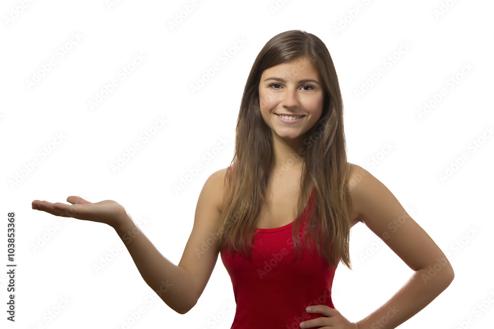 beautiful teenage girl portrait showing with open hand beautiful teenage girl portrait showing with open hand