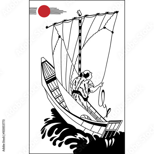 Japanese fisherman in a sailing ship. Vintage hand draw art. .