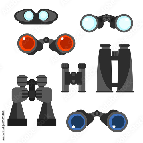 Binocular vector set. Zoom tool equipment military illustration.