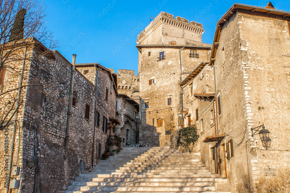 the staircase in the center of Sermoneta, a medieval village in