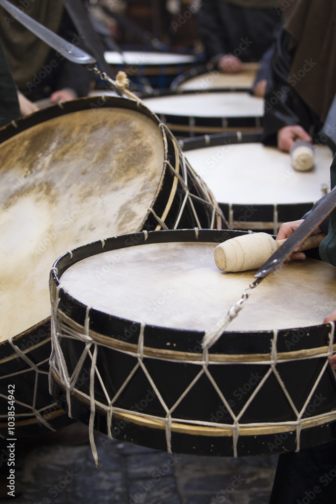 Fototapeta premium bass drums during Holy Week of Teruel in Spain