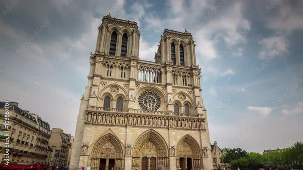 sunny day notre dame de paris crowded tourist square 4k time lapse france
